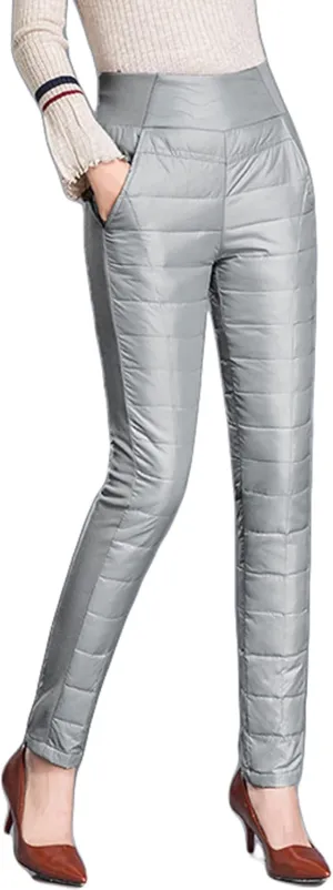GGUHHU Womens Classic Elastic High Waist Quilted Padded Tapered Leg Long Down Pants