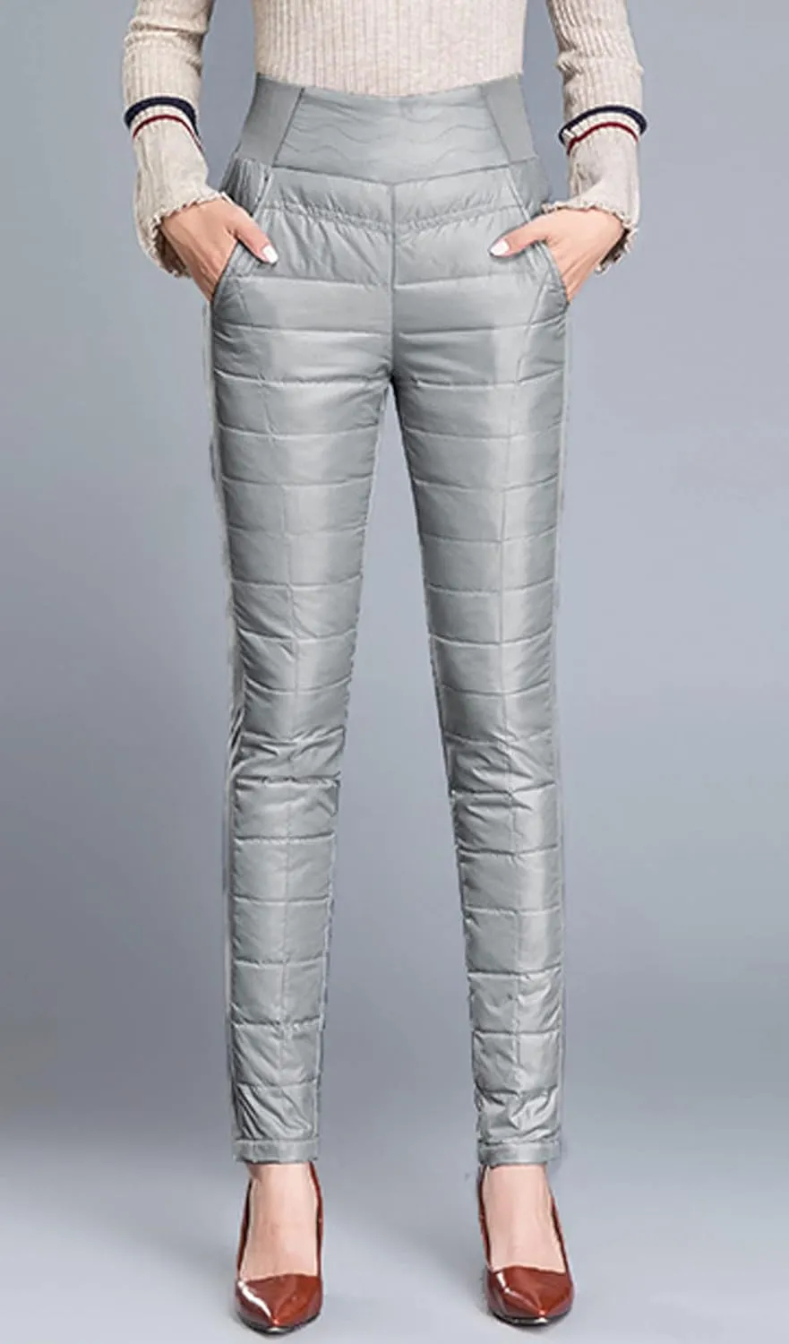 GGUHHU Womens Classic Elastic High Waist Quilted Padded Tapered Leg Long Down Pants