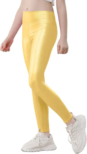 Girls Metallic Leggings High Waisted Sparkly Yoga Pants Shiny Running Dance Tights for Kids Youth Teen, 2 Pack