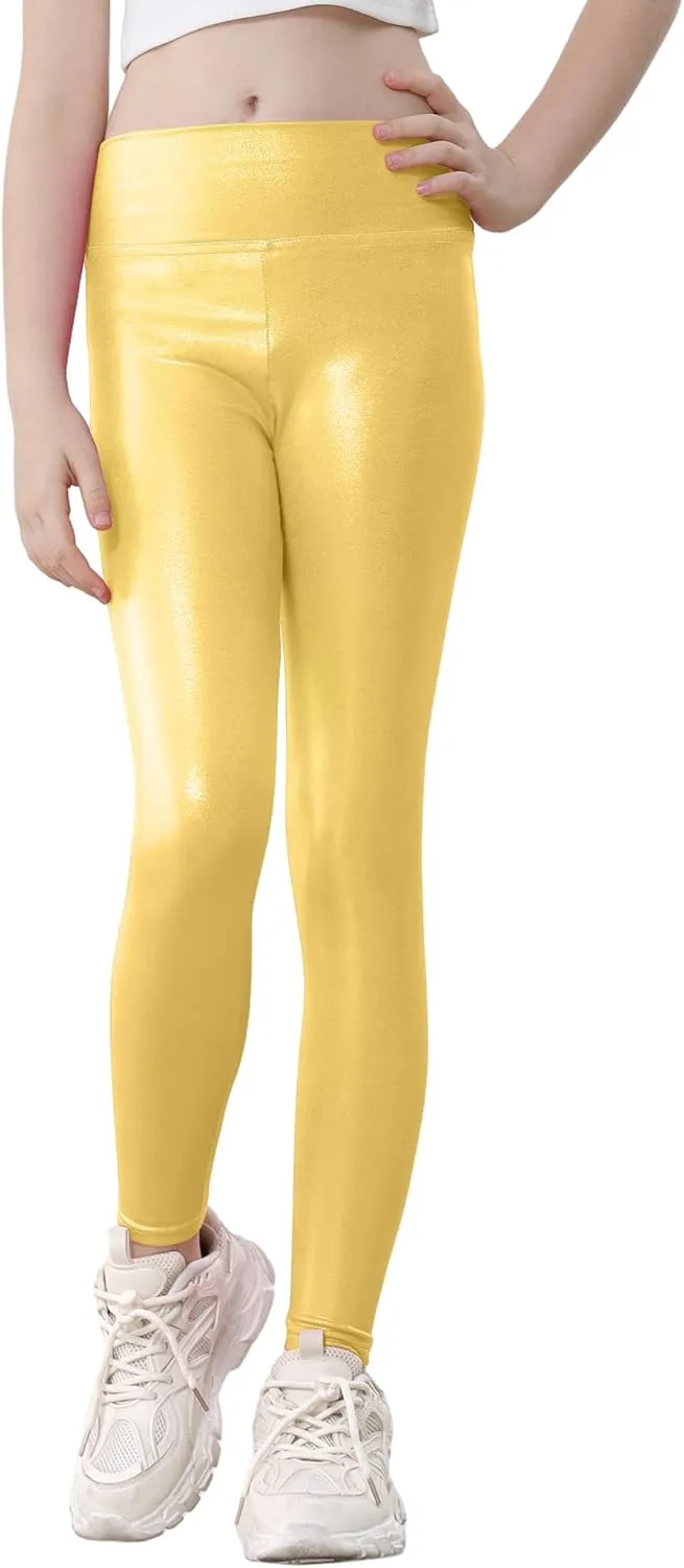 Girls Metallic Leggings High Waisted Sparkly Yoga Pants Shiny Running Dance Tights for Kids Youth Teen, 2 Pack
