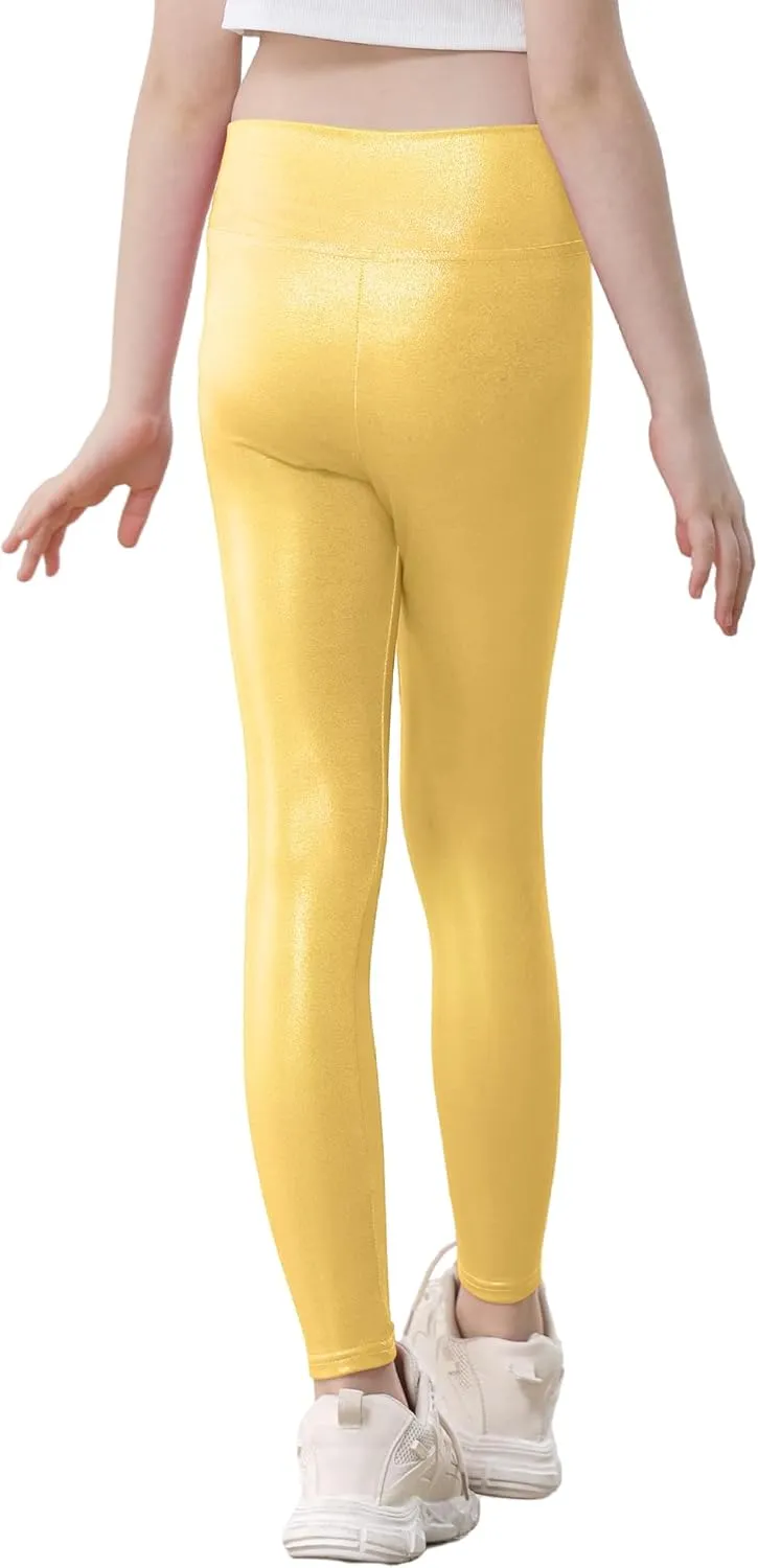 Girls Metallic Leggings High Waisted Sparkly Yoga Pants Shiny Running Dance Tights for Kids Youth Teen, 2 Pack