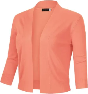 GloryStar Women's 3/4 Sleeve Open Front Cropped Cardigan Sweater Lightweight Knit Short Shrugs (XS, Baby Peach)