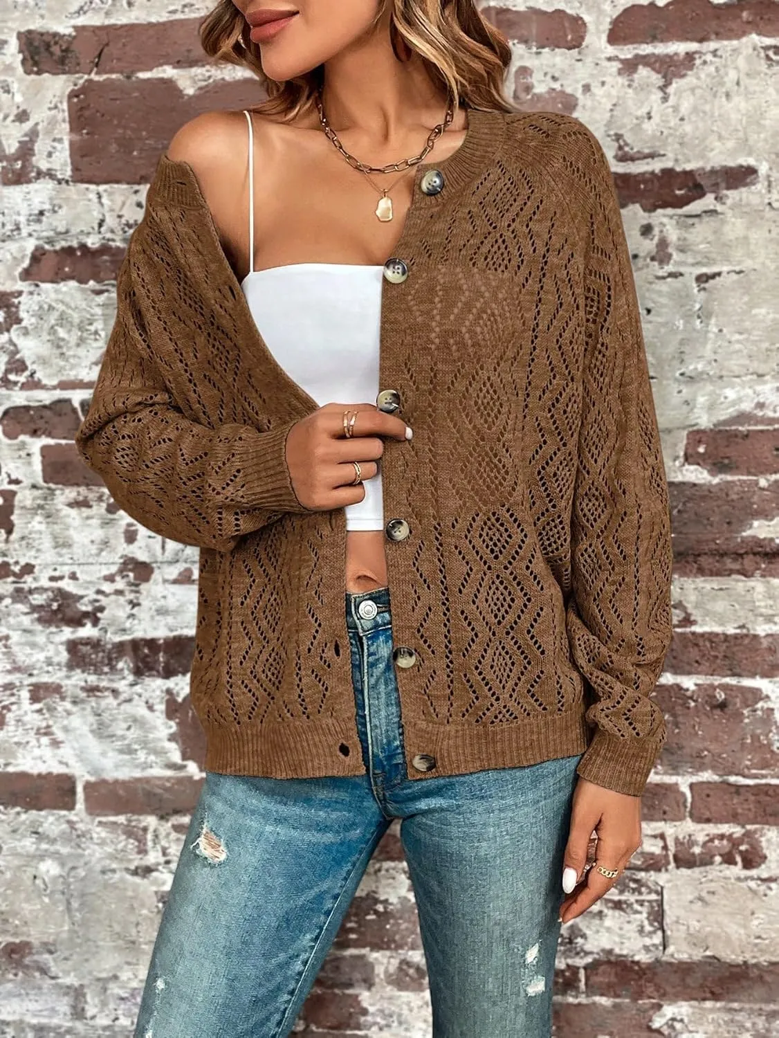 GORGLITTER Women's Button Down Lightweight Cardigan Crochet Long Sleeve Knit Sweater