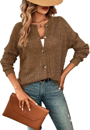 GORGLITTER Women's Button Down Lightweight Cardigan Crochet Long Sleeve Knit Sweater