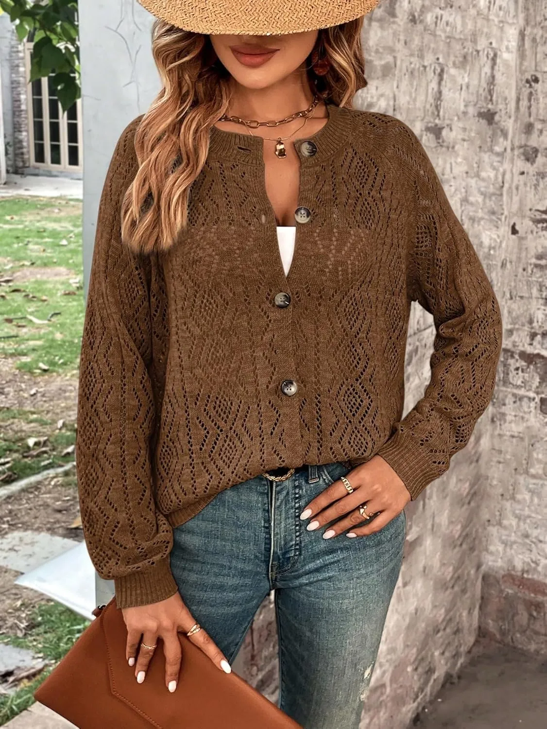 GORGLITTER Women's Button Down Lightweight Cardigan Crochet Long Sleeve Knit Sweater