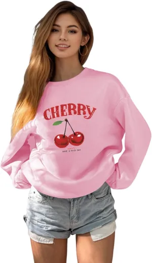 GORGLITTER Women's Cherry Sweatshirt Crewneck Long Sleeve Cute Oversized Pullover Top