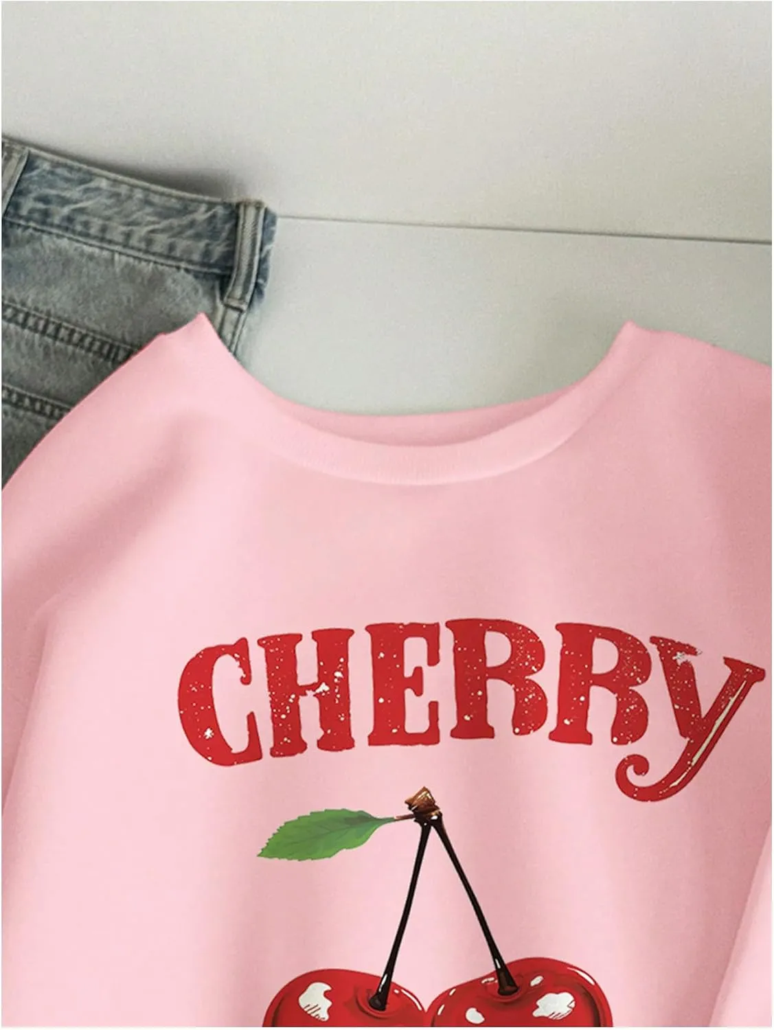 GORGLITTER Women's Cherry Sweatshirt Crewneck Long Sleeve Cute Oversized Pullover Top
