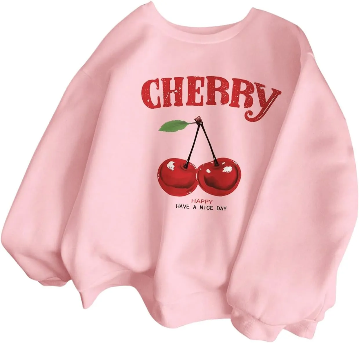 GORGLITTER Women's Cherry Sweatshirt Crewneck Long Sleeve Cute Oversized Pullover Top