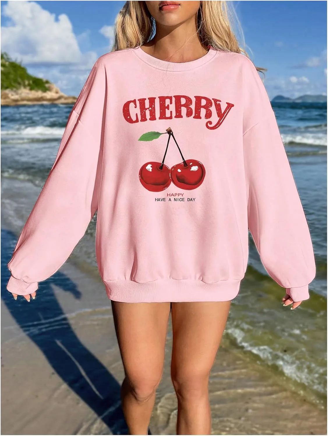 GORGLITTER Women's Cherry Sweatshirt Crewneck Long Sleeve Cute Oversized Pullover Top