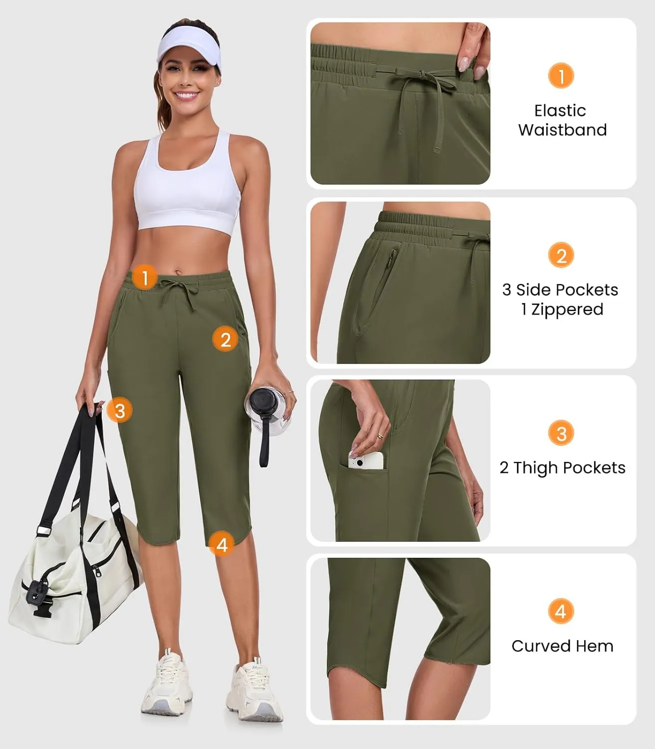 GymBrave Women's Capri Pants with 6 Pockets Quick Dry Lightweight Cargo Hiking Capris Outdoor Casual Travel
