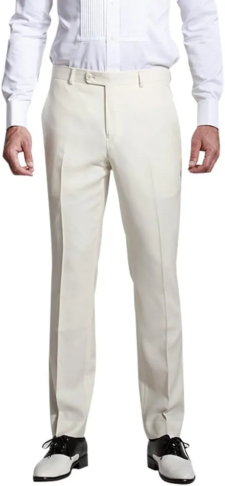 HBDesign Mens Formal Slim Fit Flat Front Straight Iron Free Trousers White
