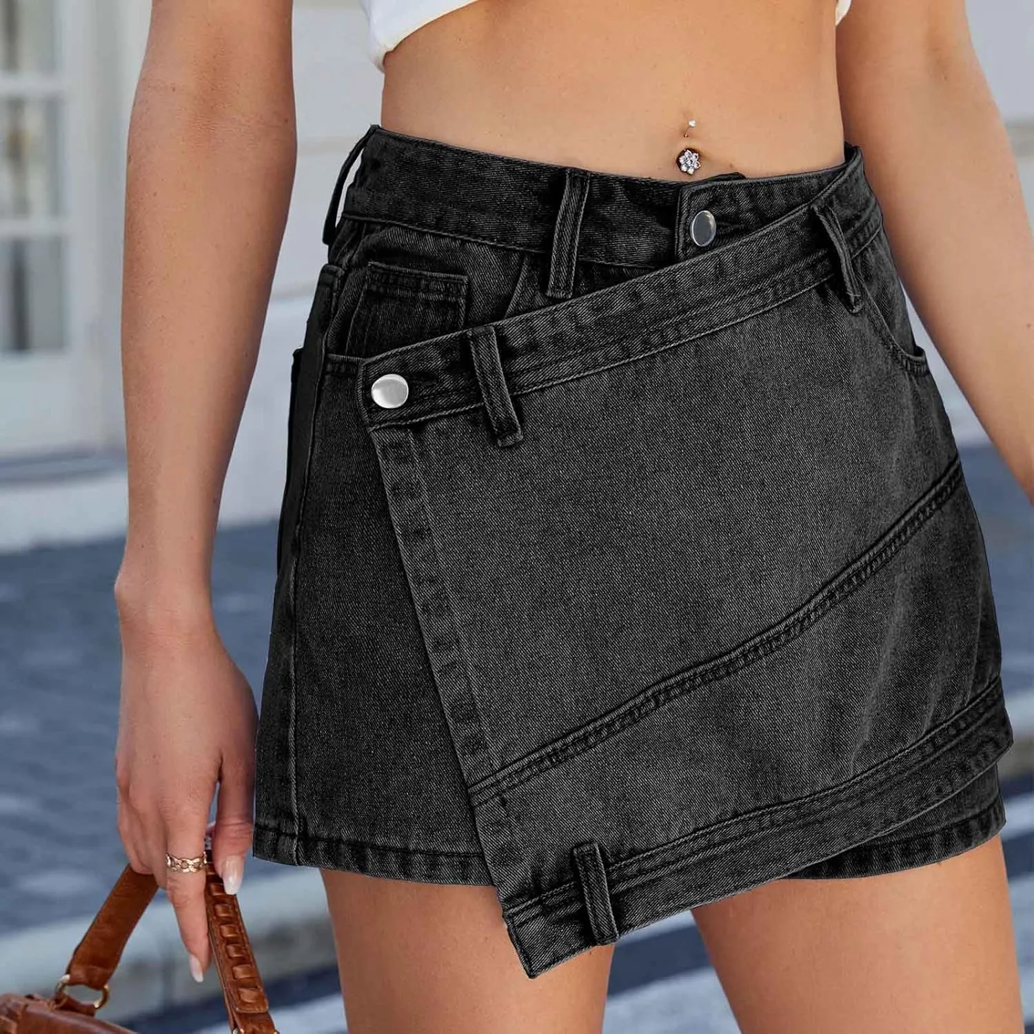 HGps8w Women's Irregular Denim Mini Skirt, Casual High Waisted 2025 Summer Bodycon Sexy Jean Skirts