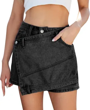 HGps8w Women's Irregular Denim Mini Skirt, Casual High Waisted 2025 Summer Bodycon Sexy Jean Skirts