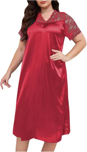 hlysgo Womens Summer Satin V Neck Midi Dress Floral Lace Short Sleeve Nightgown Plus Size Long Dress Loungewear