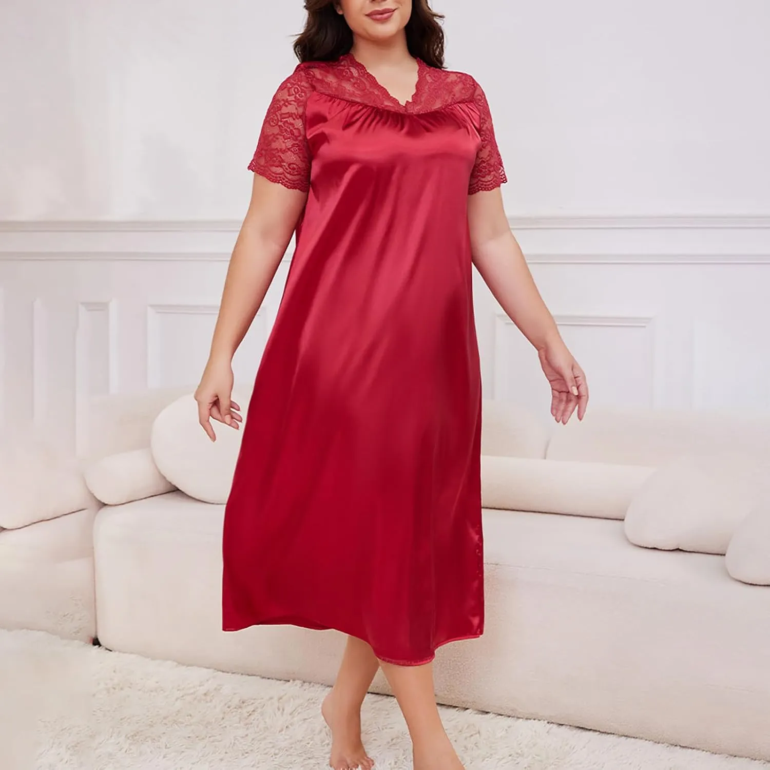 hlysgo Womens Summer Satin V Neck Midi Dress Floral Lace Short Sleeve Nightgown Plus Size Long Dress Loungewear