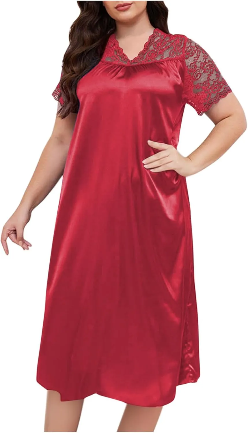 hlysgo Womens Summer Satin V Neck Midi Dress Floral Lace Short Sleeve Nightgown Plus Size Long Dress Loungewear