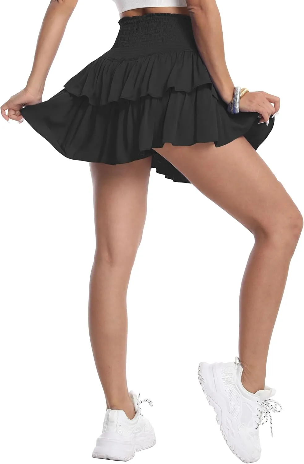 HOKOYI Women's Summer High Waist Smocked Ruffle Skirt Cute Flowy Layered Mini Skirt Skort Beach Casual