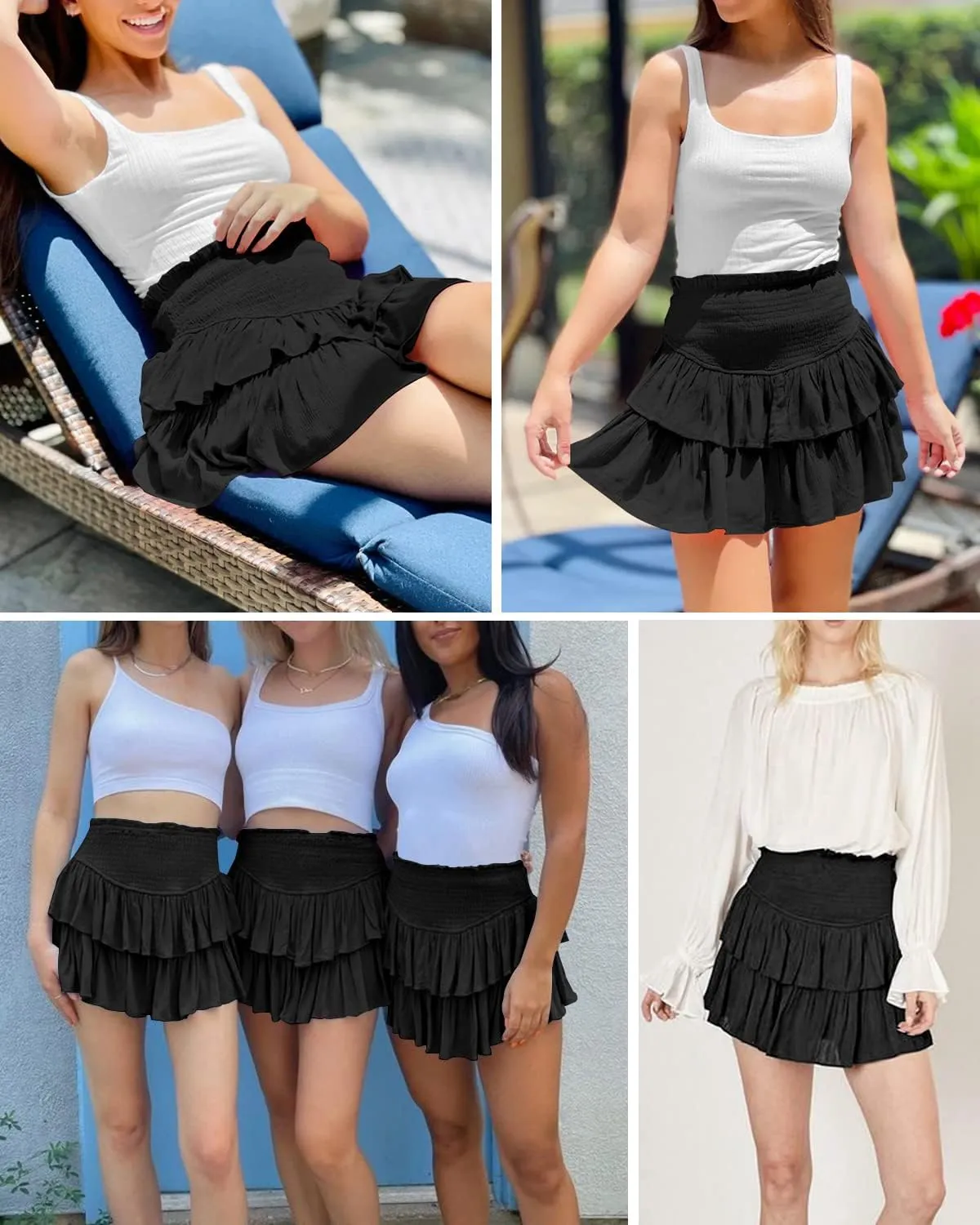 HOKOYI Women's Summer High Waist Smocked Ruffle Skirt Cute Flowy Layered Mini Skirt Skort Beach Casual