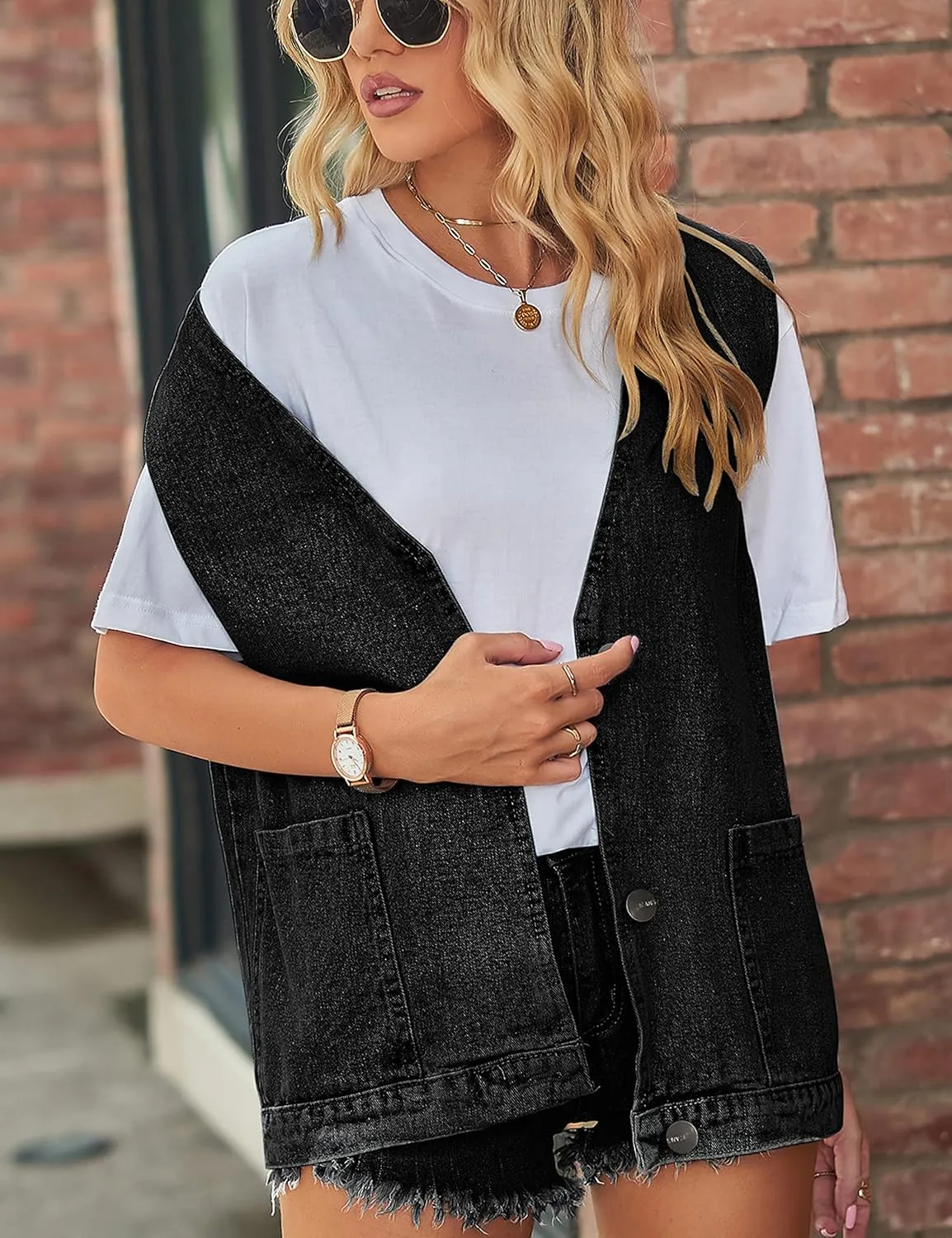Huaqiao Womens Denim Vest Mid long Jacket Jean Sleeveless Vest with Pockets