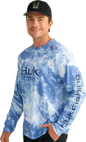HUK Men's Standard Pursuit Pattern Crew Sleeve, Performance Shirt, Mossy Oak-Stormwater Spindrift
