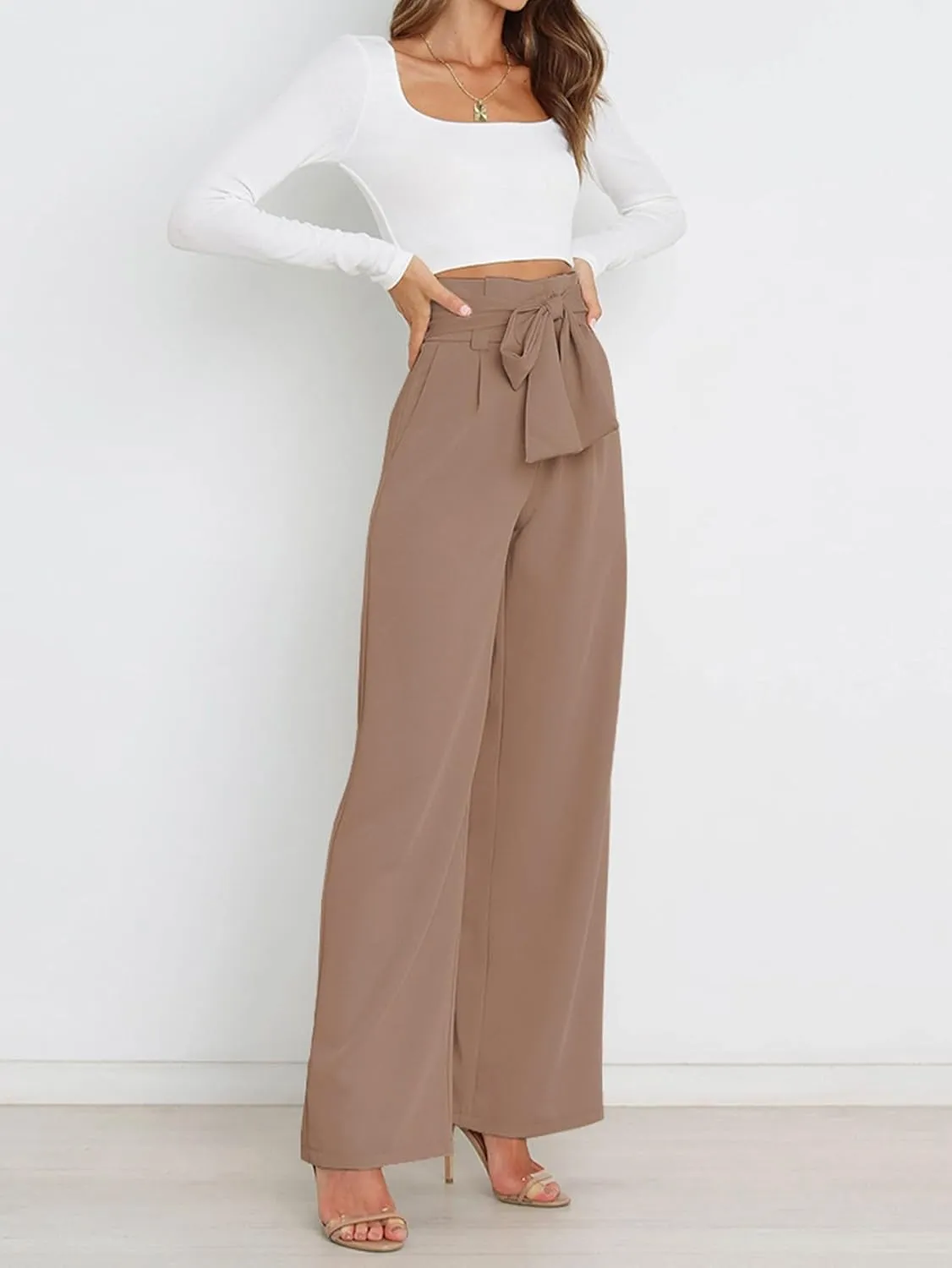 IFFEI Women's Wide Leg Pants with Pockets Business Casual Trousers High Waist with Adjustable Belt
