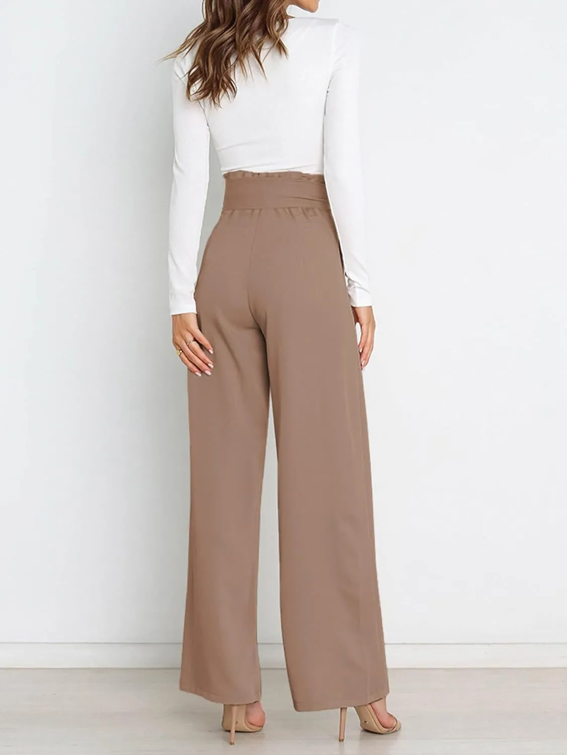 IFFEI Women's Wide Leg Pants with Pockets Business Casual Trousers High Waist with Adjustable Belt