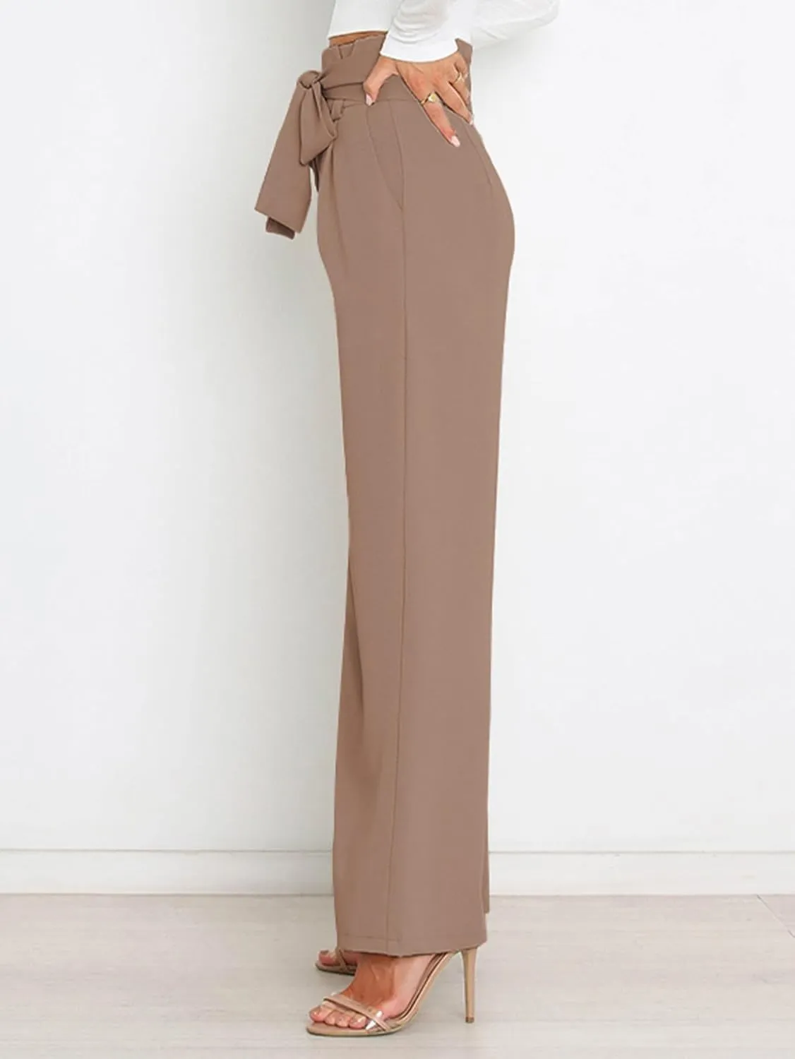 IFFEI Women's Wide Leg Pants with Pockets Business Casual Trousers High Waist with Adjustable Belt