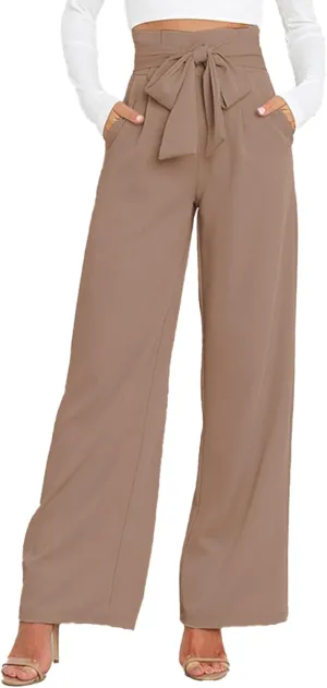 IFFEI Women's Wide Leg Pants with Pockets Business Casual Trousers High Waist with Adjustable Belt