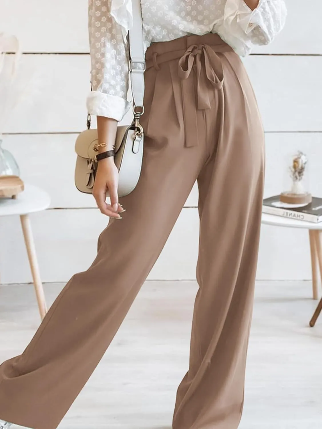 IFFEI Women's Wide Leg Pants with Pockets Business Casual Trousers High Waist with Adjustable Belt