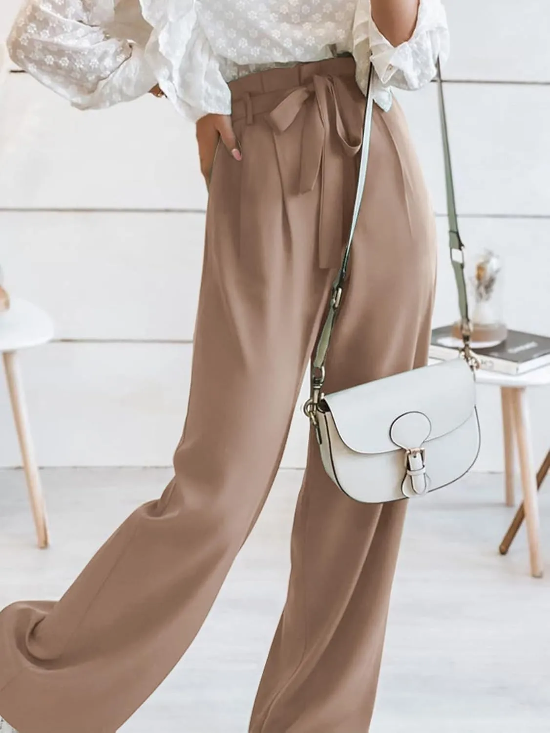 IFFEI Women's Wide Leg Pants with Pockets Business Casual Trousers High Waist with Adjustable Belt