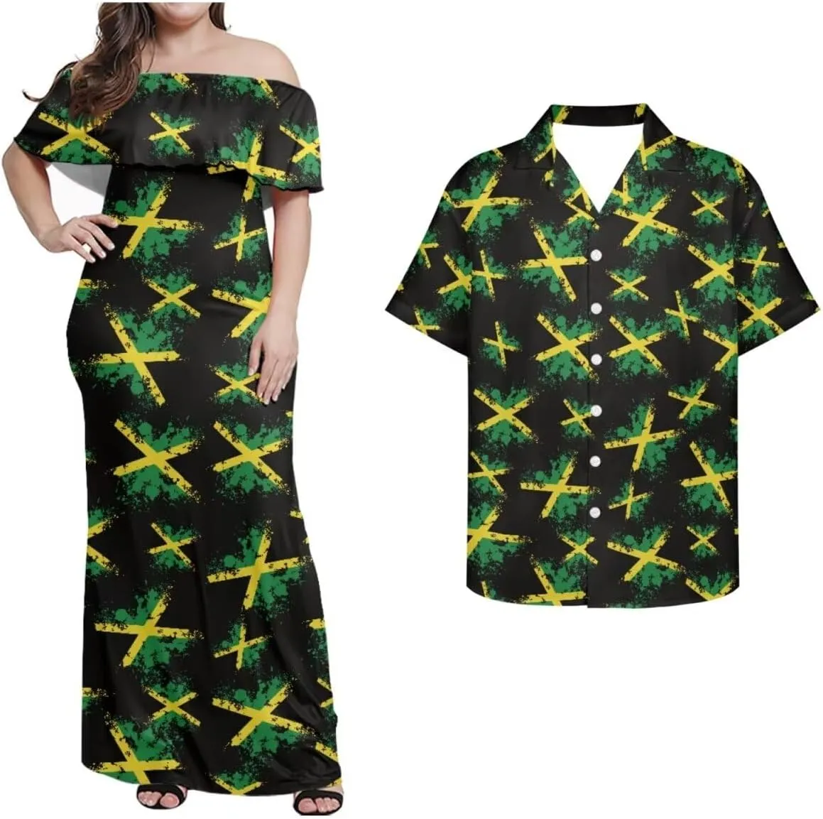 Jamaican Couple Matching Jamaican Clothing Jamaica Flag Dresses & Man Shirt Jamaican Couple Dress for Men and Women