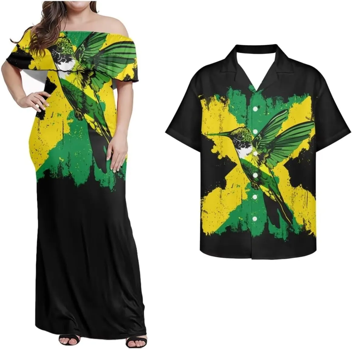 Jamaican Couple Matching Jamaican Clothing Jamaica Flag Dresses & Man Shirt Jamaican Couple Dress for Men and Women
