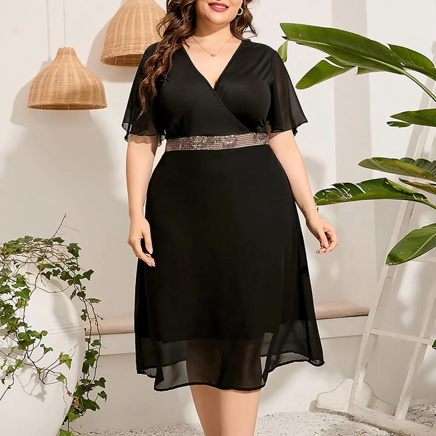 JOAU Plus Size Dresses for Wedding Guest Formal Cocktail Chiffon Wrap V Neck Dress Ruffle Short Sleeve Layered Midi Dresses