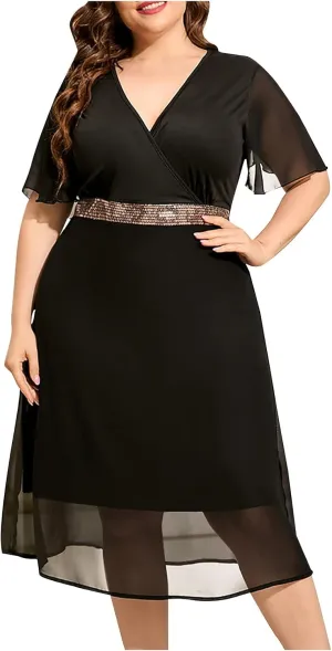 JOAU Plus Size Dresses for Wedding Guest Formal Cocktail Chiffon Wrap V Neck Dress Ruffle Short Sleeve Layered Midi Dresses