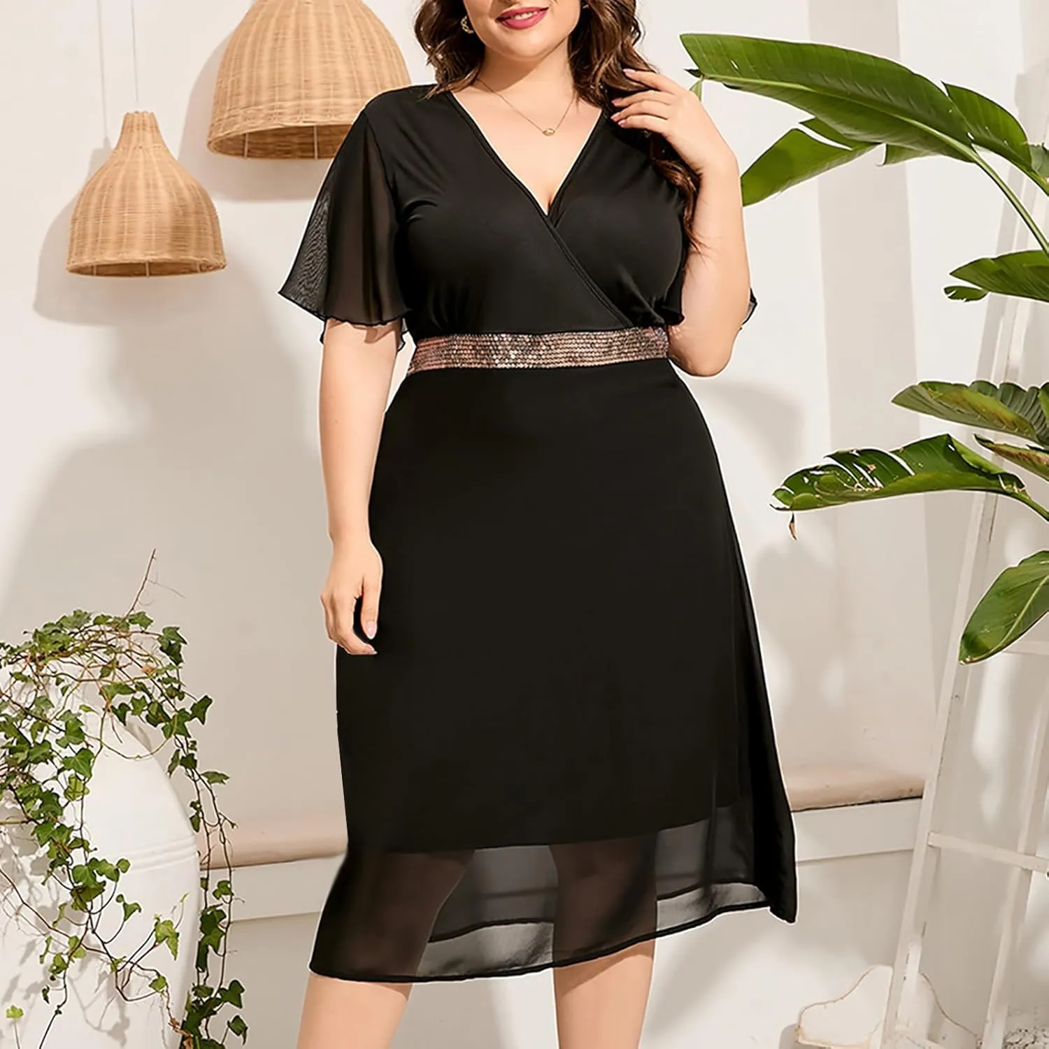JOAU Plus Size Dresses for Wedding Guest Formal Cocktail Chiffon Wrap V Neck Dress Ruffle Short Sleeve Layered Midi Dresses