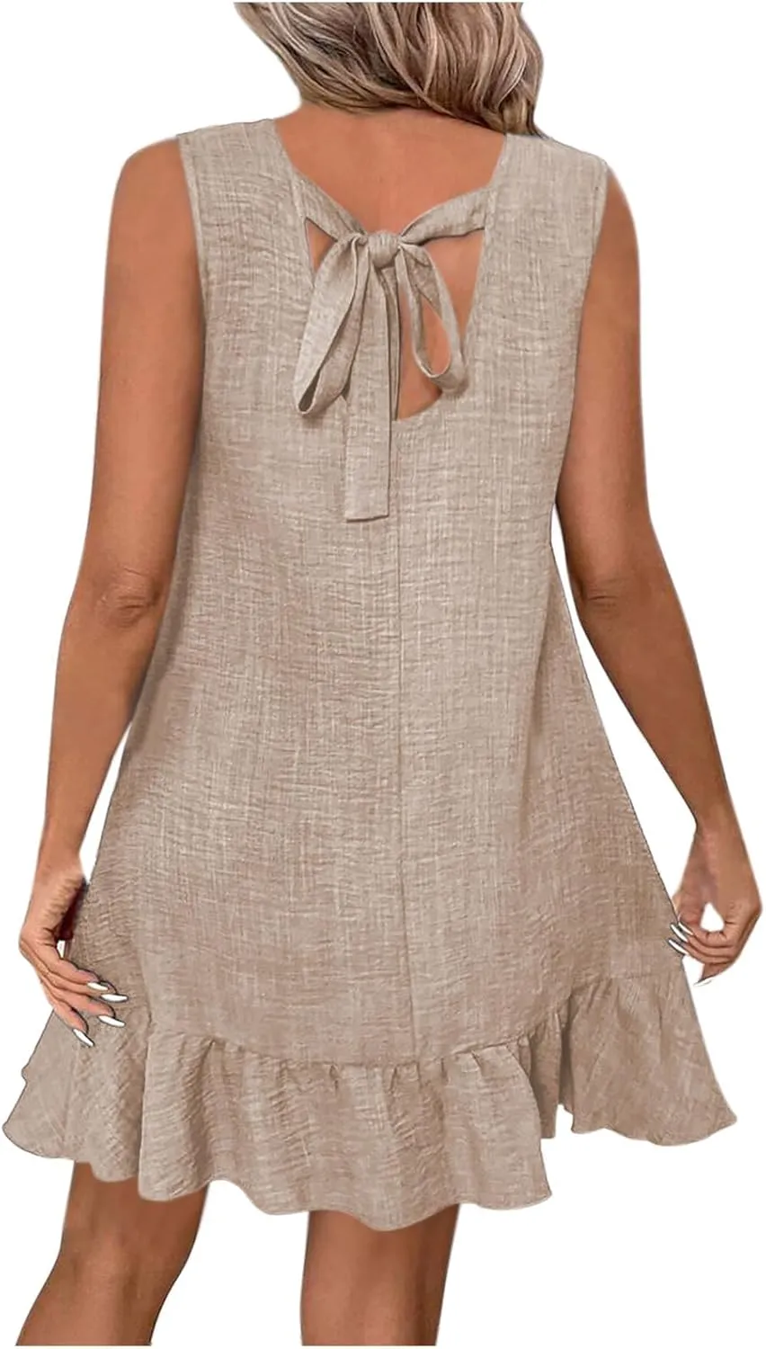 JOAU Womens Crew Neck Bowknot Backless Tank Dresses Fashion Casual Summer Sleeveless A-line Flowy Ruffle Hem Mini Sundress
