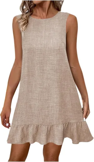 JOAU Womens Crew Neck Bowknot Backless Tank Dresses Fashion Casual Summer Sleeveless A-line Flowy Ruffle Hem Mini Sundress