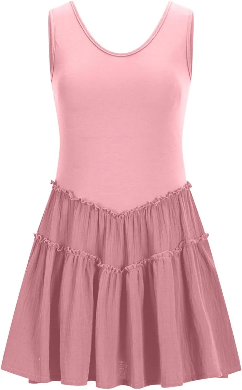 JOAU Womens Summer Casual Tank Dress Sleeveless V Neck Patchwork Sundress Flowy Tiered Swing Mini Beach Vacation Dresses