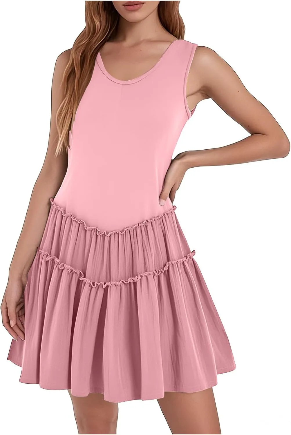JOAU Womens Summer Casual Tank Dress Sleeveless V Neck Patchwork Sundress Flowy Tiered Swing Mini Beach Vacation Dresses
