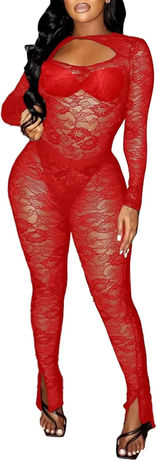 Kafiloe Birthday Outfits for Women Sexy 2 Piece Outfits Clubwear Mesh Lace Bodysuit Top Bodycon Flare Pants Set