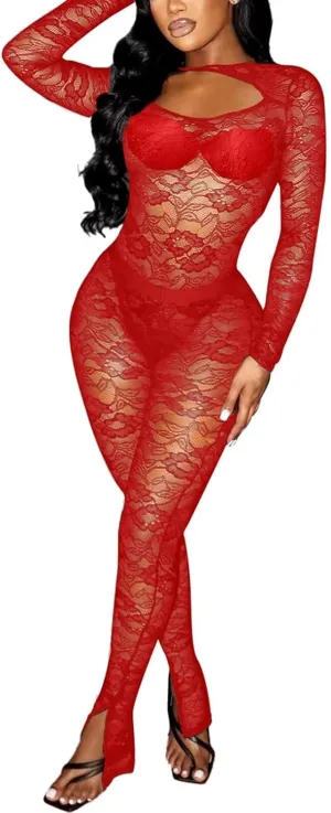 Kafiloe Birthday Outfits for Women Sexy 2 Piece Outfits Clubwear Mesh Lace Bodysuit Top Bodycon Flare Pants Set
