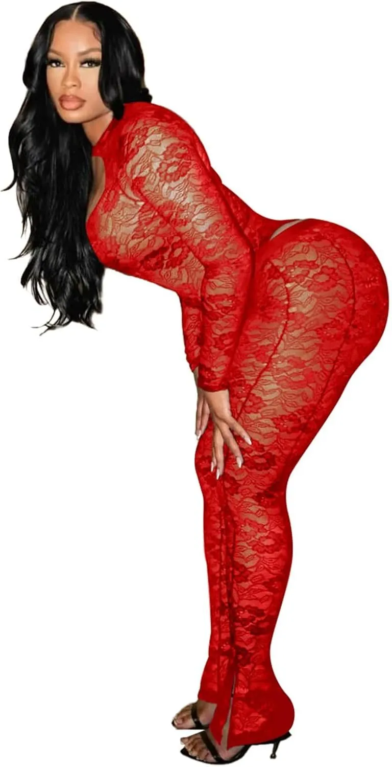Kafiloe Birthday Outfits for Women Sexy 2 Piece Outfits Clubwear Mesh Lace Bodysuit Top Bodycon Flare Pants Set