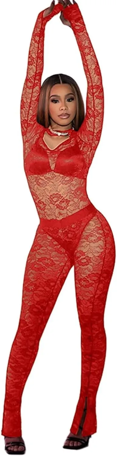 Kafiloe Birthday Outfits for Women Sexy 2 Piece Outfits Clubwear Mesh Lace Bodysuit Top Bodycon Flare Pants Set