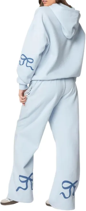 Karwuiio Women Bow Print 2 Piece Outfits Long Sleeve Oversized Sweatshirt Hoodie Wide Leg Sweatpants Set Sweatsuits