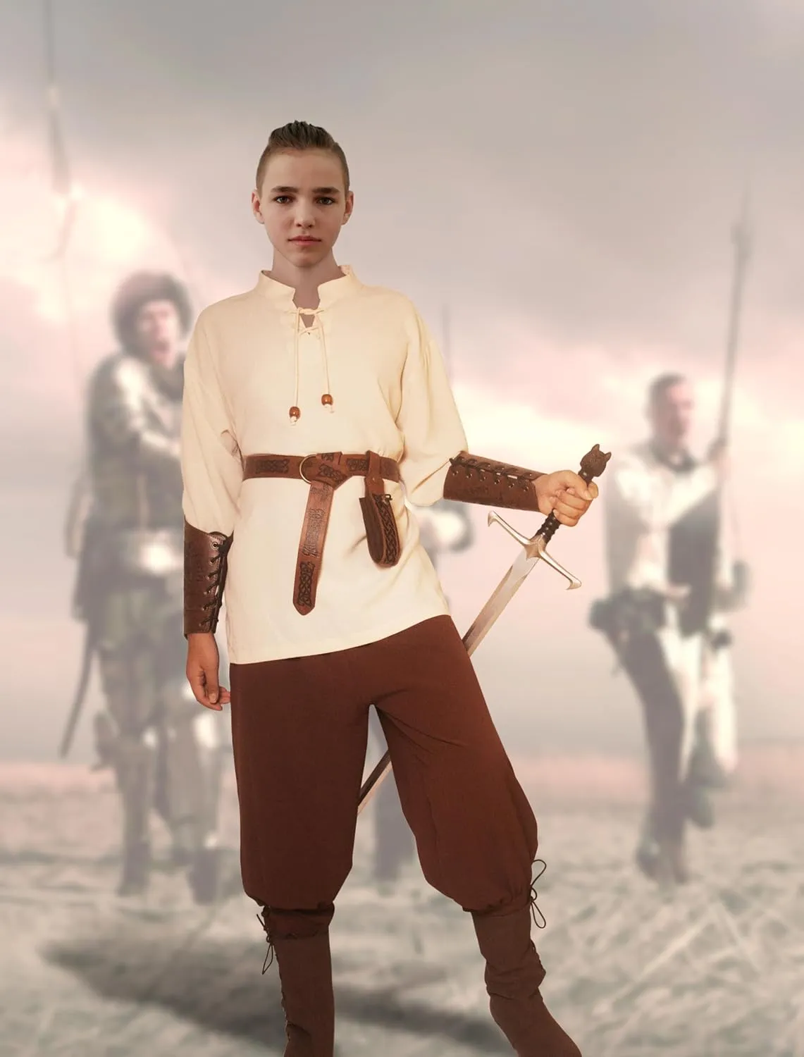 Kids Medieval Costume Boys Renaissance Viking Tunic Pants Accessories Outfit for Halloween Cosplay (No Sword/Cape)