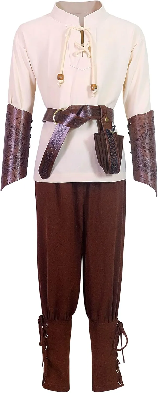 Kids Medieval Costume Boys Renaissance Viking Tunic Pants Accessories Outfit for Halloween Cosplay (No Sword/Cape)