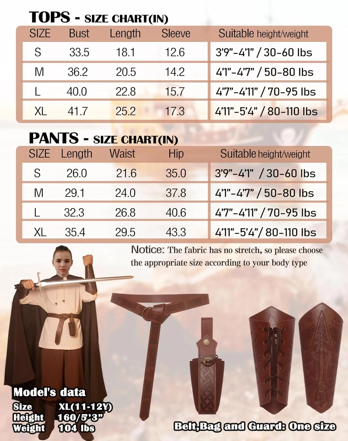 Kids Medieval Costume Boys Renaissance Viking Tunic Pants Accessories Outfit for Halloween Cosplay (No Sword/Cape)