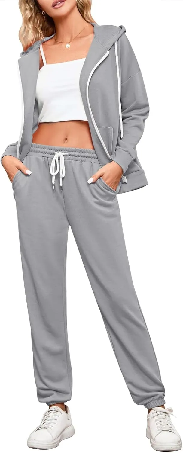 Kisscynest Track Suits for Women Set Casual 2 Piece Outfits Sweatsuits Zipper Hoodie Drawstring Pant Jogger Sets