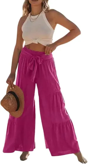 Lafural Women Summer High Waisted Cotton Linen Flare Palazzo Pants Beach Pant Long Bell Bottom Lounge Trousers