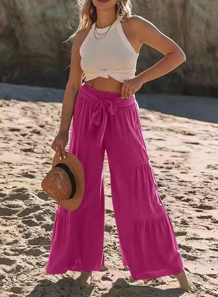 Lafural Women Summer High Waisted Cotton Linen Flare Palazzo Pants Beach Pant Long Bell Bottom Lounge Trousers